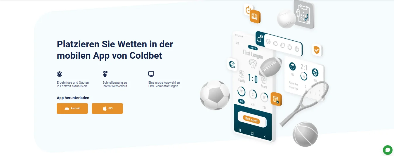 Coldbet App Download-Seite mit Android und iOS Buttons