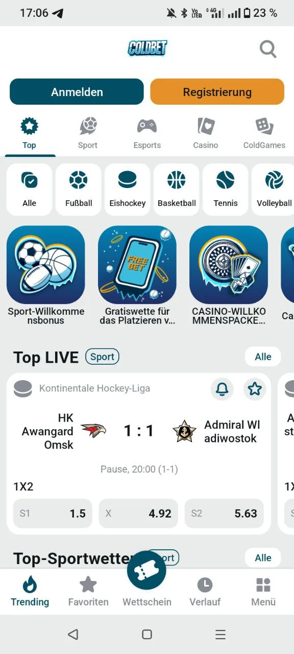 Coldbet App Startseite mit Live-Events und Sportarten