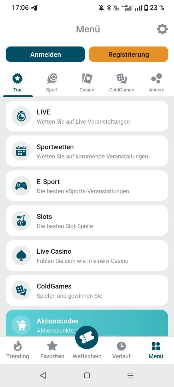 Coldbet App Menü mit allen Kategorien
