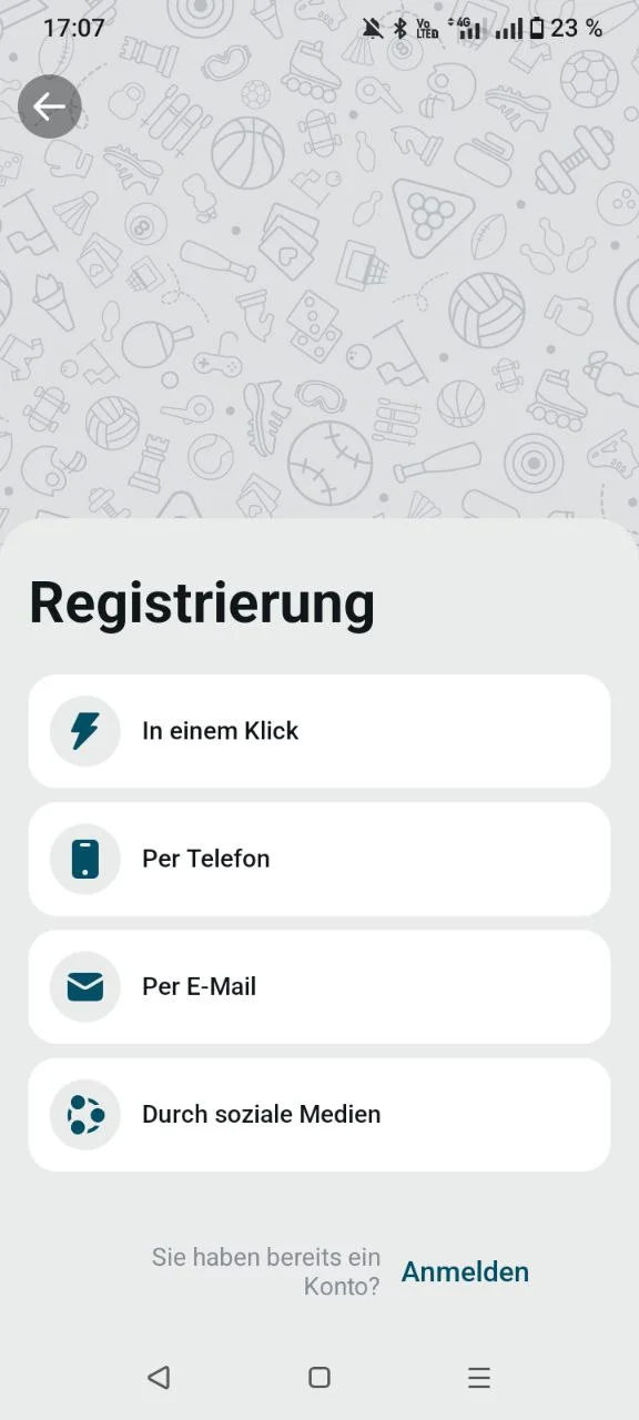Coldbet App Registrierungsbildschirm mit vier Methoden