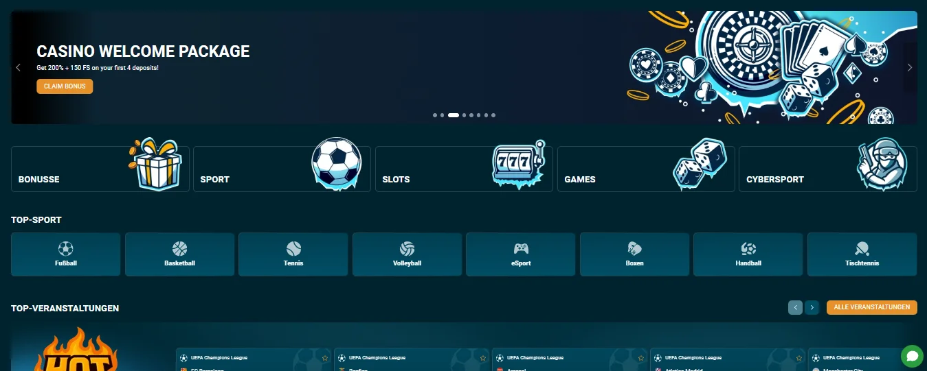 Coldbet Website Hauptseite mit allen Kategorien