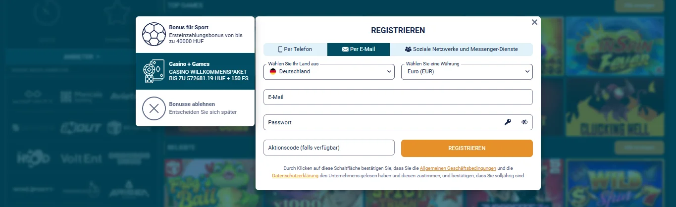 Coldbet Registrierungsformular mit Aktionscode-Feld
